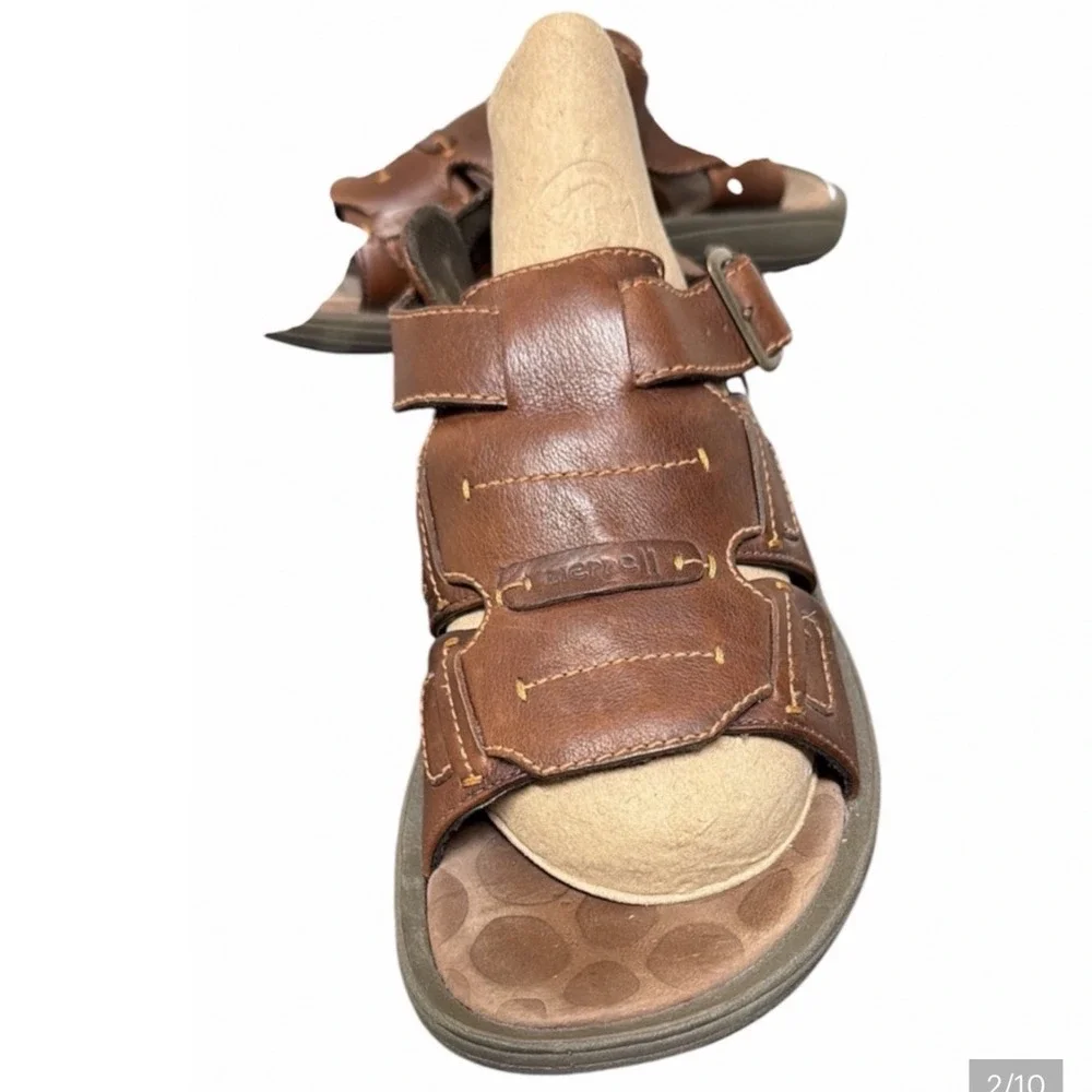 Merrell Sandals Mens 9 New Delhi Brown Leather Open Toe Buckle EUC